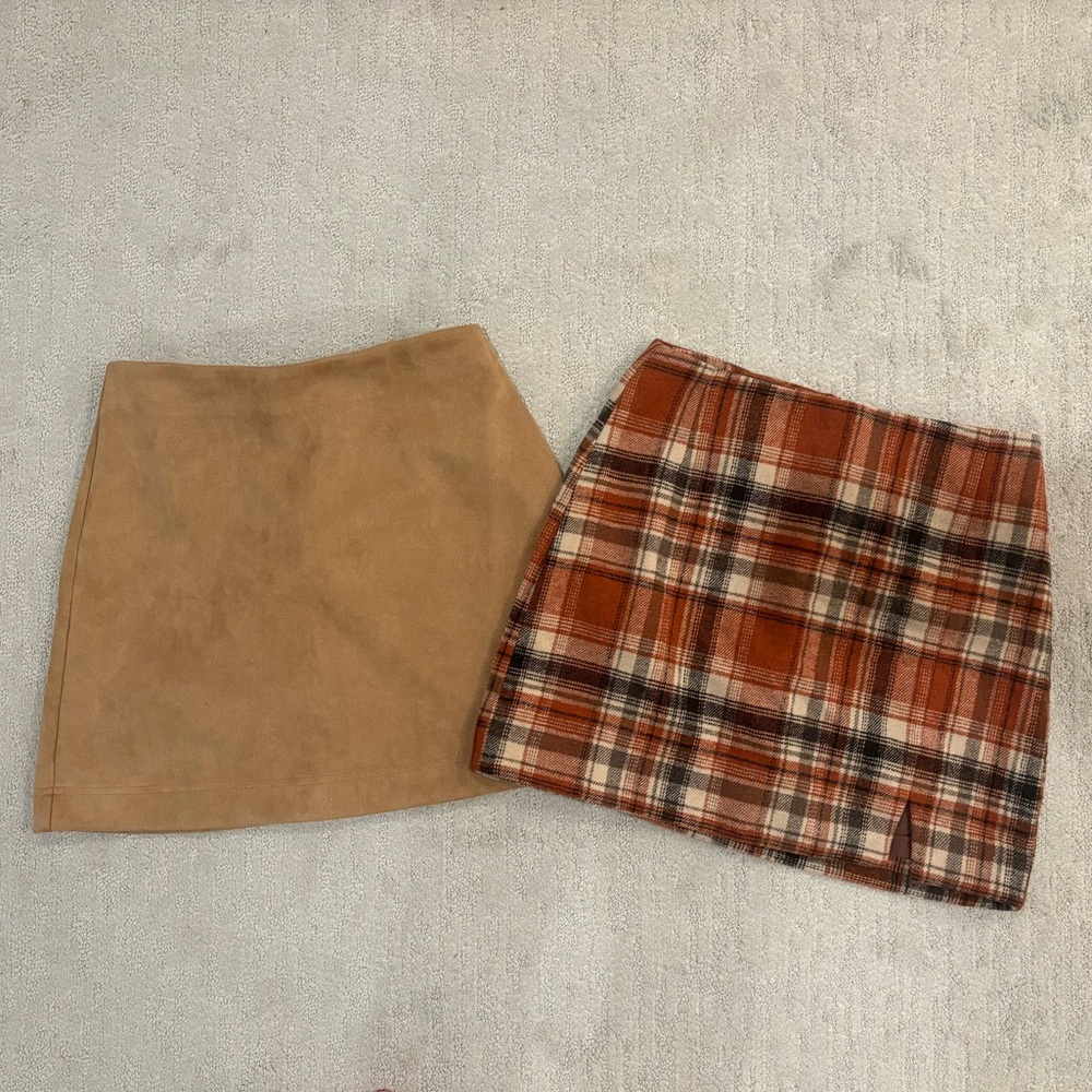 Pink Lily Plaid and Solid Brown Skirt Set